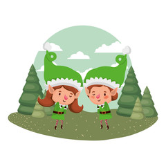 couple of elves moving and christmas trees with falling snow