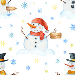 Winter seamless pattern, border with snowmen. Christmas texture for scrapbooking, fabrics, packaging, wallpaper, children's design, textiles.