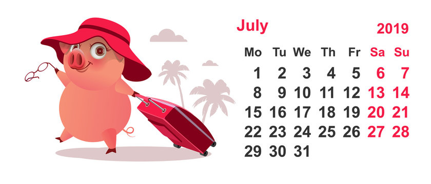 Calendar July 2019 pig gathered on vacation with suitcase