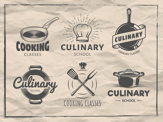 Culinary school logos. Vector emblems for cooking classes, workshops and courses. Set of monochrome badgess with chefs hat, pans and kitchenware on vintage paper background