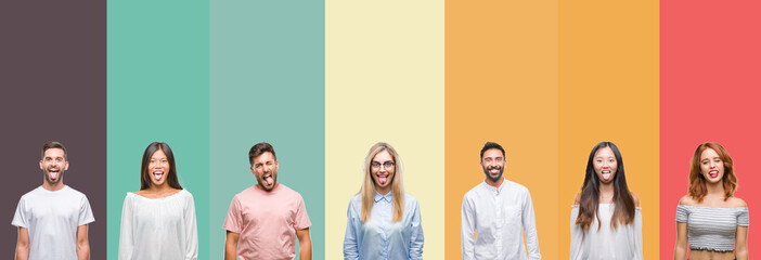 Collage of different ethnics young people over colorful stripes isolated background sticking tongue out happy with funny expression. Emotion concept.