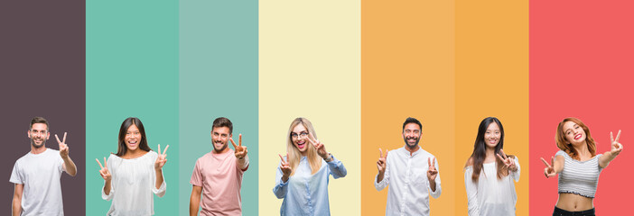 Collage of different ethnics young people over colorful stripes isolated background smiling looking to the camera showing fingers doing victory sign. Number two.