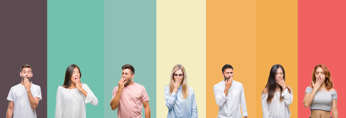 Collage of different ethnics young people over colorful stripes isolated background bored yawning tired covering mouth with hand. Restless and sleepiness.