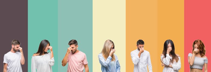 Fototapeta premium Collage of different ethnics young people over colorful stripes isolated background tired rubbing nose and eyes feeling fatigue and headache. Stress and frustration concept.