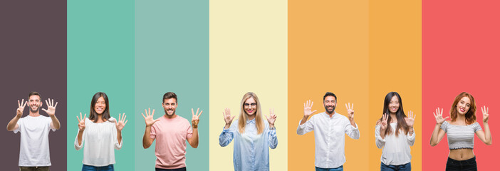 Collage of different ethnics young people over colorful stripes isolated background showing and pointing up with fingers number eight while smiling confident and happy.