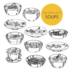 illustration with set of different cuisines soups. Vector illustration hand drawn, graphic. big vector set