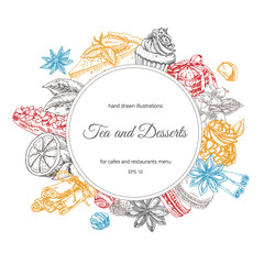 circle template for cafe menu decoration, restaurants.  sketch graphic set illustration of  tea, sweets, cakes and desserts