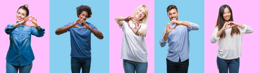 Collage of group of young casual people over colorful isolated background smiling in love showing heart symbol and shape with hands. Romantic concept.