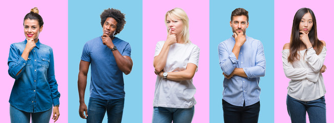 Obraz premium Collage of group of young casual people over colorful isolated background looking confident at the camera with smile with crossed arms and hand raised on chin. Thinking positive.