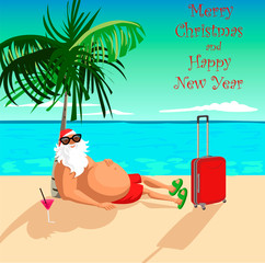 Fototapeta premium Santa on the beach. Santa Claus on vacation on the beach