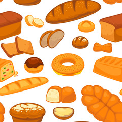 Bakery products buns and bread seamless pattern vector.