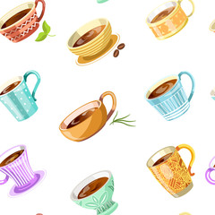 Coffee or tea poured in cup seamless pattern vector.
