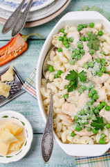 Traditional pasta with chicken slices