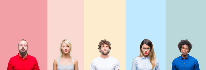 Fototapeta premium Collage of group of young people over colorful vintage isolated background with serious expression on face. Simple and natural looking at the camera.