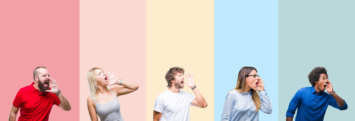 Collage of group of young people over colorful vintage isolated background shouting and screaming loud to side with hand on mouth. Communication concept.