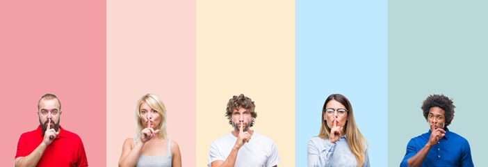 Collage of group of young people over colorful vintage isolated background asking to be quiet with finger on lips. Silence and secret concept.