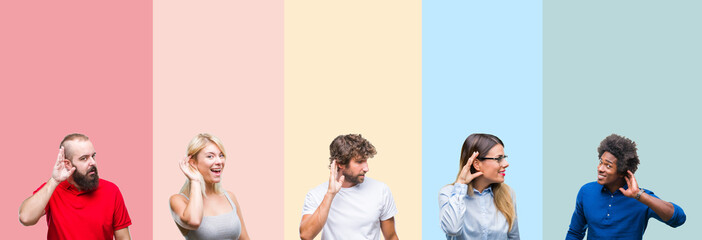 Obraz premium Collage of group of young people over colorful vintage isolated background smiling with hand over ear listening an hearing to rumor or gossip. Deafness concept.