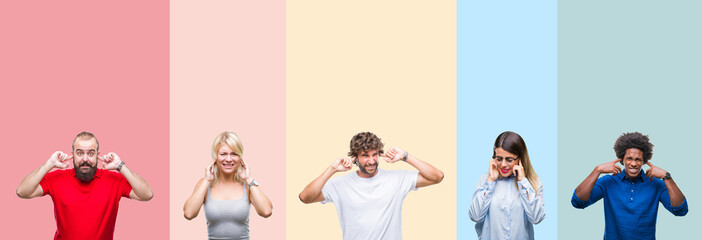 Collage of group of young people over colorful vintage isolated background covering ears with fingers with annoyed expression for the noise of loud music. Deaf concept.