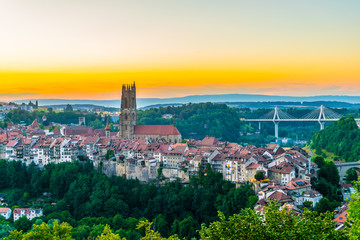 Sunset view over skyline of Fribourg, Switzerland