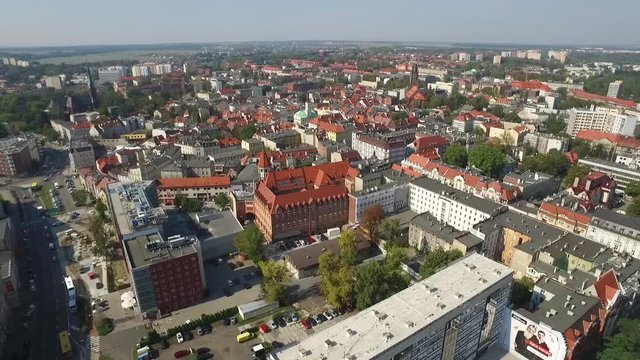 Panoramic aerial view of the Gliwice - in Silesia region of Poland - city center with renovated gothic historic buildings in the old town quarter