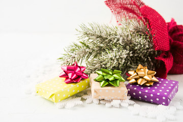 Christmas and New Year presents with fir treee decoration