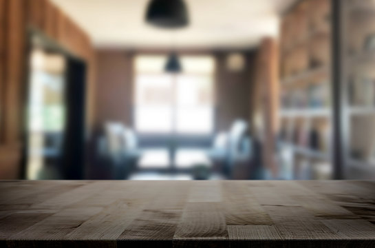 Wooden board empty Table Top And Blur Interior over blur in coffee shop  Background, Mock up for display of product Stock Photo | Adobe Stock