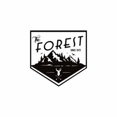 Forest, Mountain Adventure, Deer Hunter Black And White Badge Vector Logo Template
