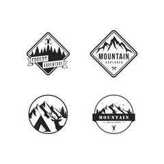 Black and White Forest, Mountain Adventure Badge Vector Logo, Sign, Icon Template Set