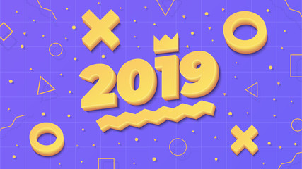 2019, Happy New Year. Greeting card with 2019 and geometric shapes in Memphis style. 3d letters and shapes. Holiday background, banner, poster. Vector Illustration