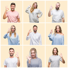 Collage of group people, women and men over colorful yellow isolated background smiling positive doing ok sign with hand and fingers. Successful expression.