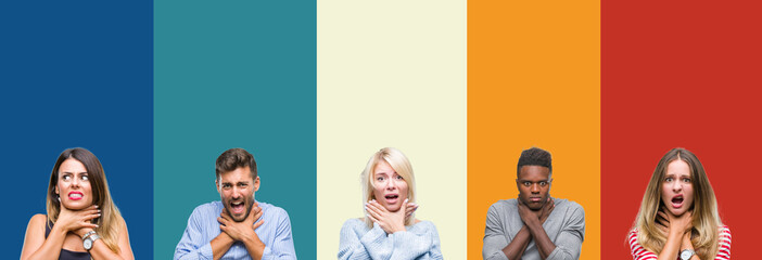 Collage of group of young people over colorful vintage isolated background shouting and suffocate because painful strangle. Health problem. Asphyxiate and suicide concept.