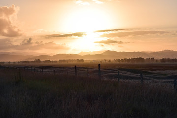 Obraz na płótnie Canvas A peach colored sunset over the farm, Gisborne, New Zealand.
