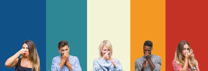Fototapeta premium Collage of group of young people over colorful vintage isolated background smelling something stinky and disgusting, intolerable smell, holding breath with fingers on nose. Bad smells concept.