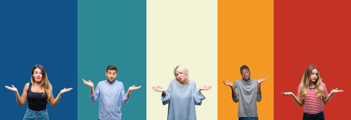 Collage of group of young people over colorful vintage isolated background clueless and confused expression with arms and hands raised. Doubt concept.