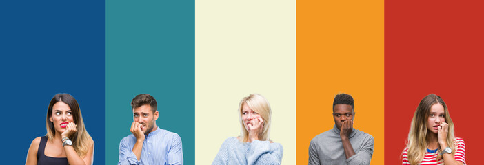 Collage of group of young people over colorful vintage isolated background looking stressed and nervous with hands on mouth biting nails. Anxiety problem.