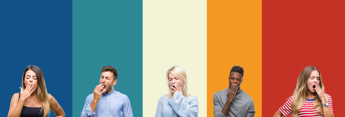 Collage of group of young people over colorful vintage isolated background bored yawning tired covering mouth with hand. Restless and sleepiness.