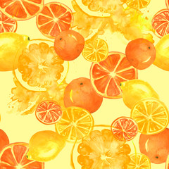 Fototapeta na wymiar Watercolor painting, vintage seamless pattern - tropical fruits, citrus, slices of lemon, orange, grapefruit. Citrus marmalade, slices. Yellow, orange, red. Fashionable stylish art background. 