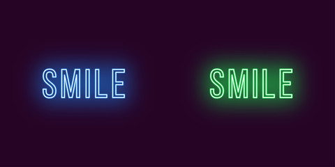 Inscription of Smile in neon style. Vector Text