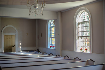 Detail of church interior with pews