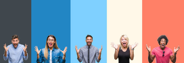 Fototapeta premium Collage of group of young people over colorful vintage isolated background celebrating crazy and amazed for success with arms raised and open eyes screaming excited. Winner concept