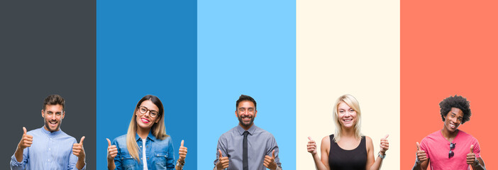Obraz premium Collage of group of young people over colorful vintage isolated background success sign doing positive gesture with hand, thumbs up smiling and happy. Looking at the camera with cheerful expression