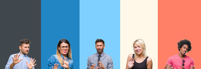 Collage of group of young people over colorful vintage isolated background disgusted expression, displeased and fearful doing disgust face because aversion reaction