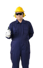 portrait of a worker in Mechanic Jumpsuit isolated on white background