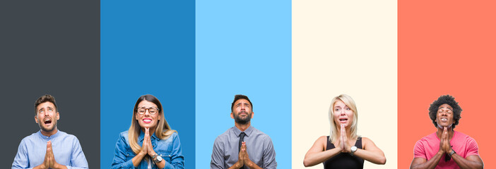 Collage of group of young people over colorful vintage isolated background begging and praying with hands together with hope expression on face very emotional and worried. Asking for forgiveness