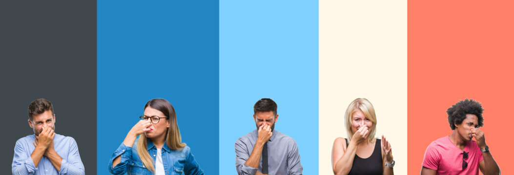 Collage of group of young people over colorful vintage isolated background smelling something stinky and disgusting, intolerable smell, holding breath with fingers on nose. Bad smells concept.