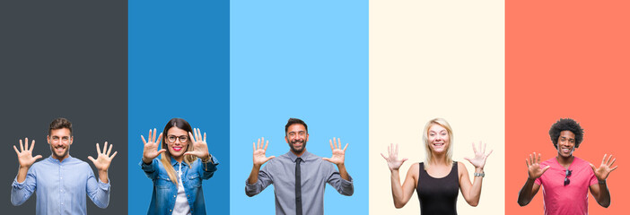 Obraz premium Collage of group of young people over colorful vintage isolated background showing and pointing up with fingers number ten while smiling confident and happy.