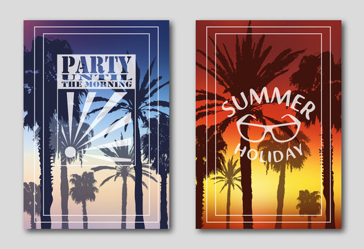 Set of two posters, silhouettes of palm trees against the sky. Invitation leaflet for tourists and travelers. Logo, morning, party. Sunglasses, sunset. 10 eps
