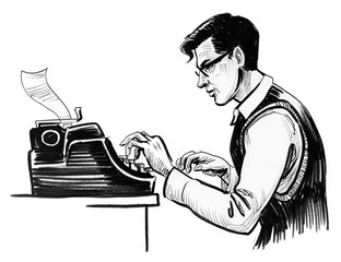 Writer in glasses typing on retro typewriter. Ink black and white drawing