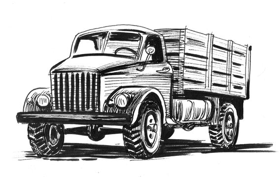Old American truck. Ink black and white illustration