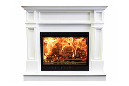 Classic marble burning fireplace isolated on white background